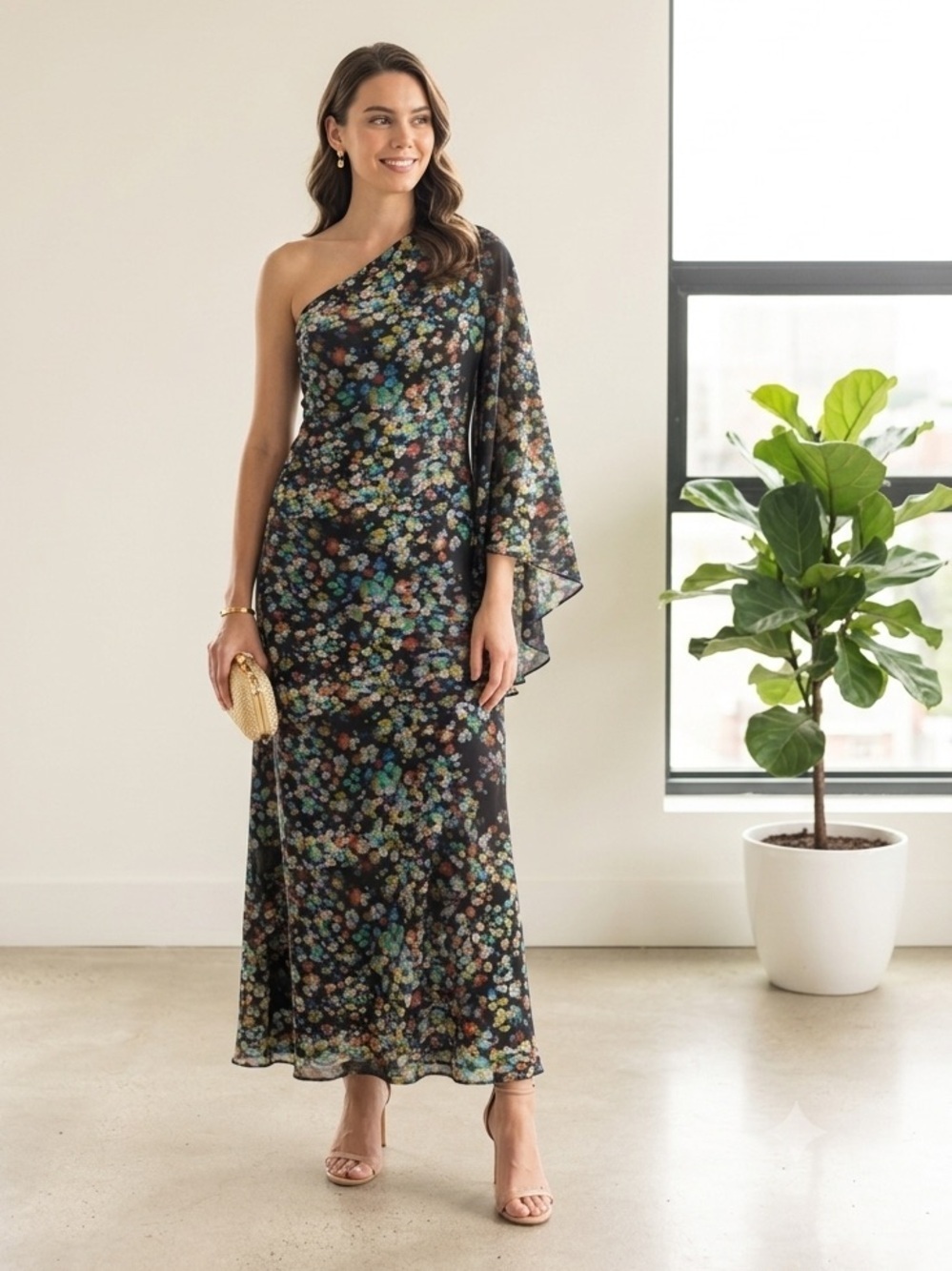 Halston abstract print one shoulder silk kaftan maxi dress - 6 (Medium)
